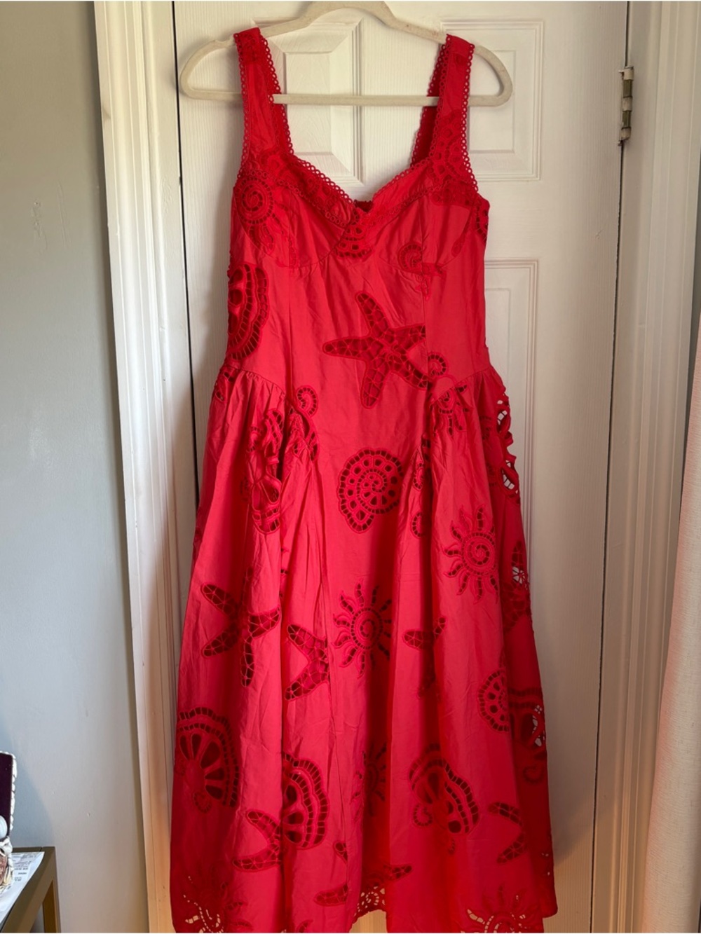 Red Midi Dress with Cutwork Detail